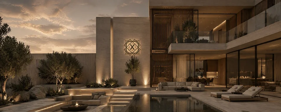 Contemporary villa with a lit pool terrace and garden at dusk