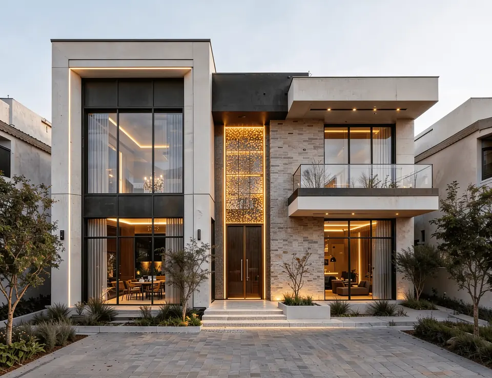 3D render for Jumeirah Villa 23, Jumeirah: modern two-storey villa at dusk with tall glazing, a lit screen panel and paved driveway.