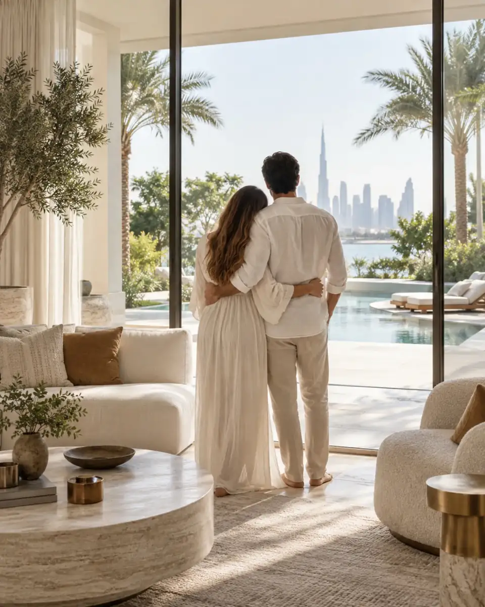 Homeowners looking out to a garden and pool from a bright villa living room
