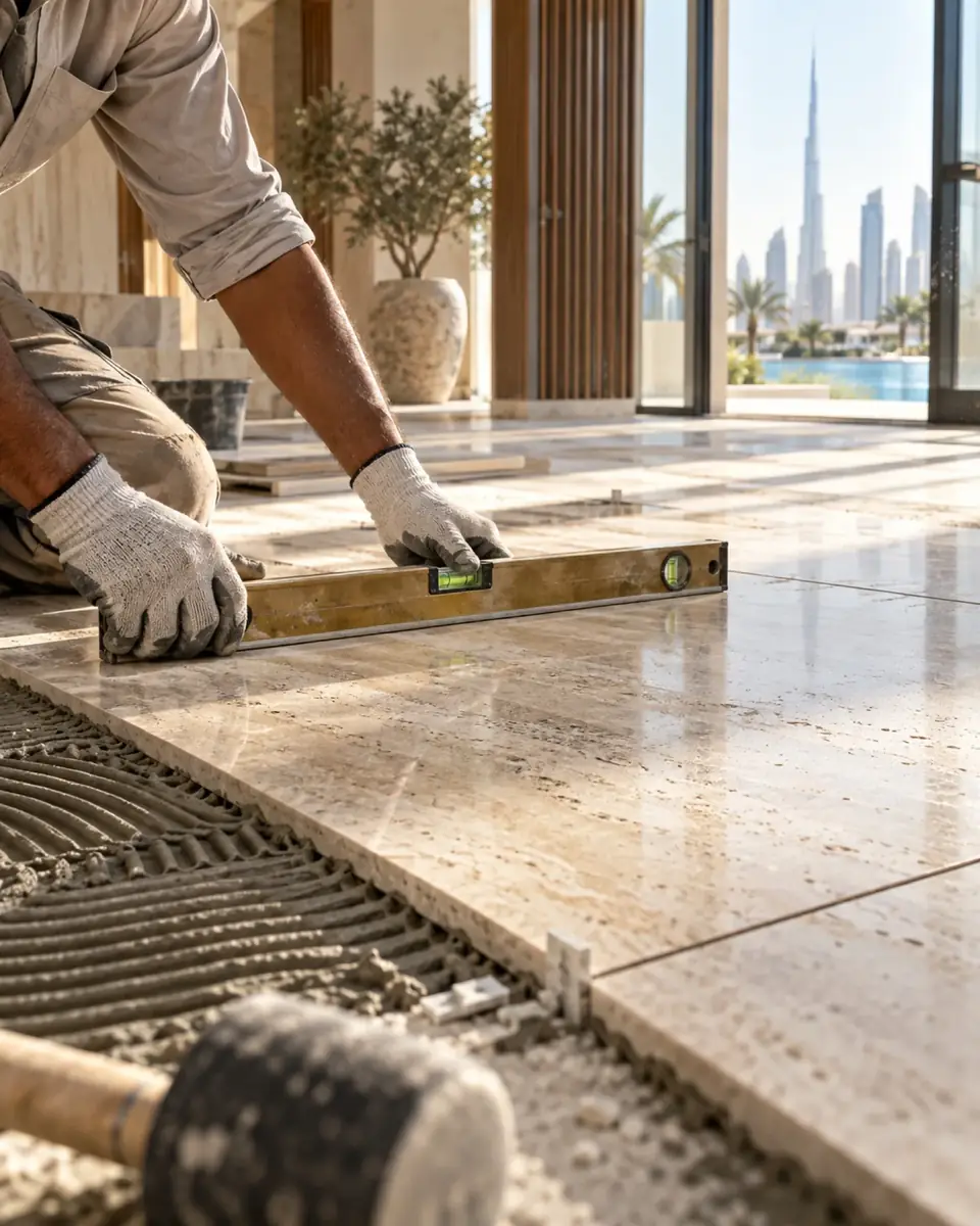 Craftsman levelling a large travertine floor tile