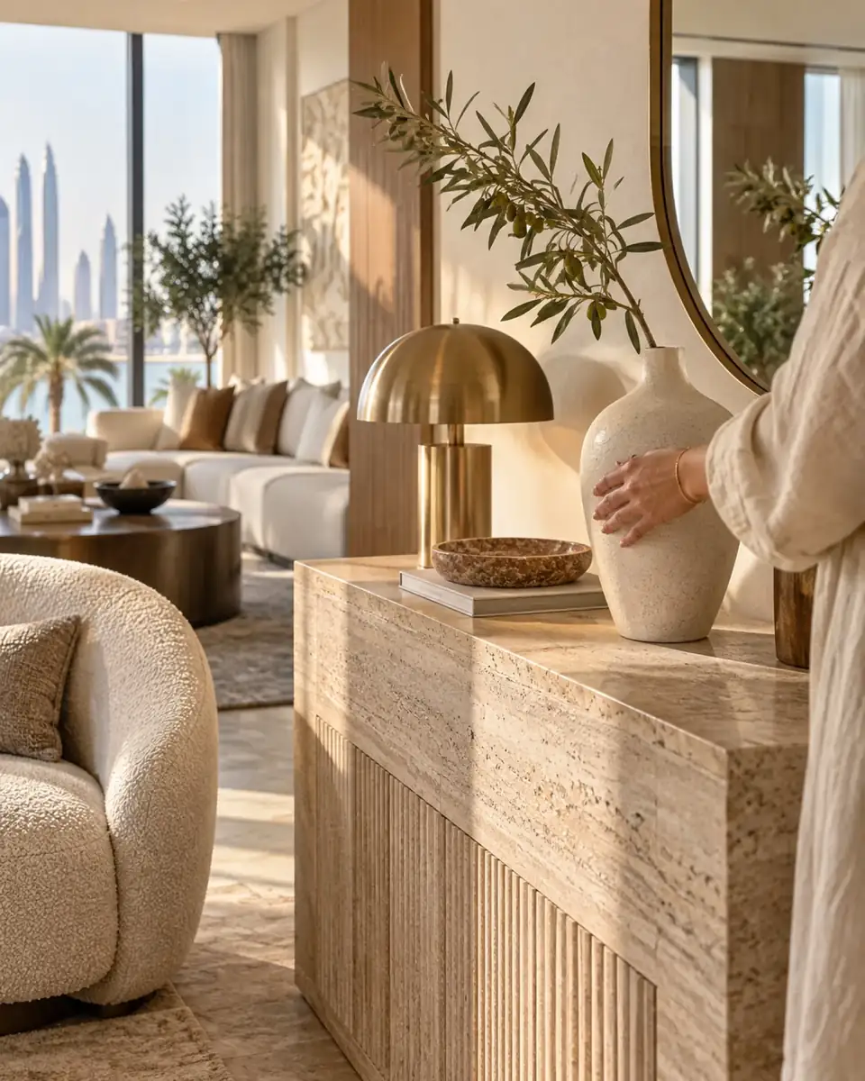 Stylist placing a ceramic vase on a travertine console